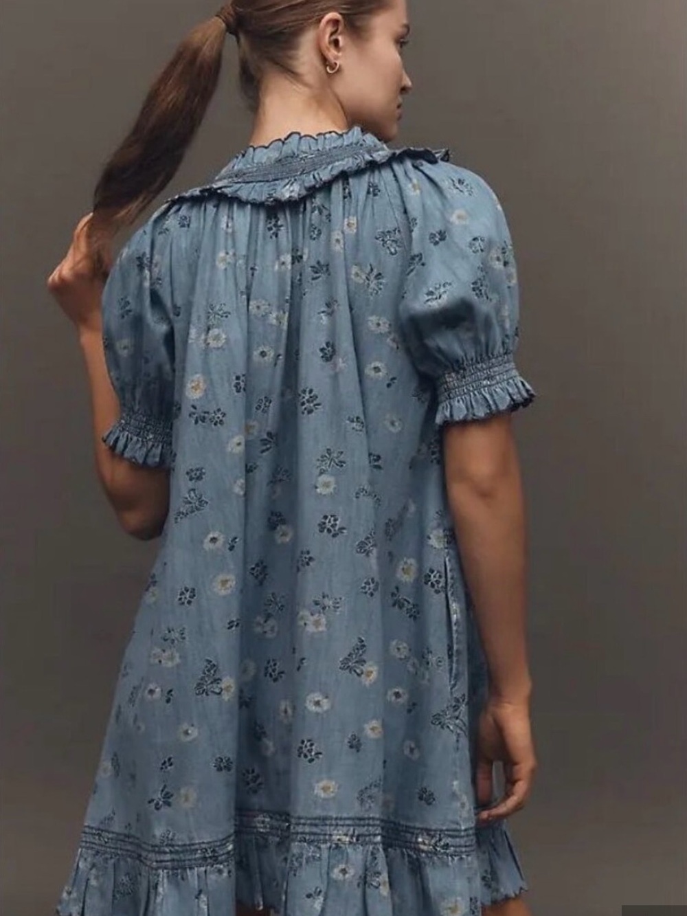 Anthropologie Blue Floral Ruffle-Trim Mini Dress - Picture 2 of 7